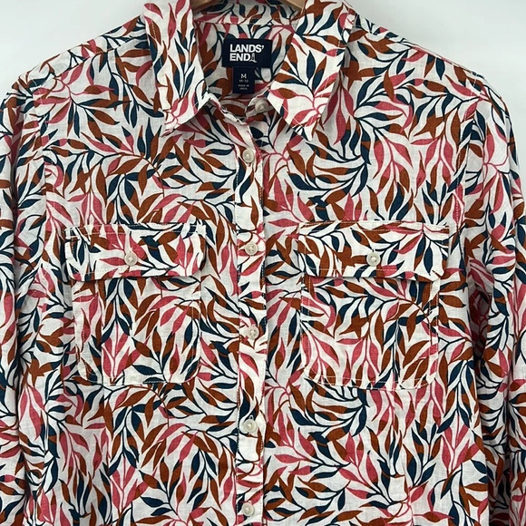 Lands End Button Front Shirt Womens Medium Leaf Print Tropical Linen Long Sleeve - Picture 2 of 12